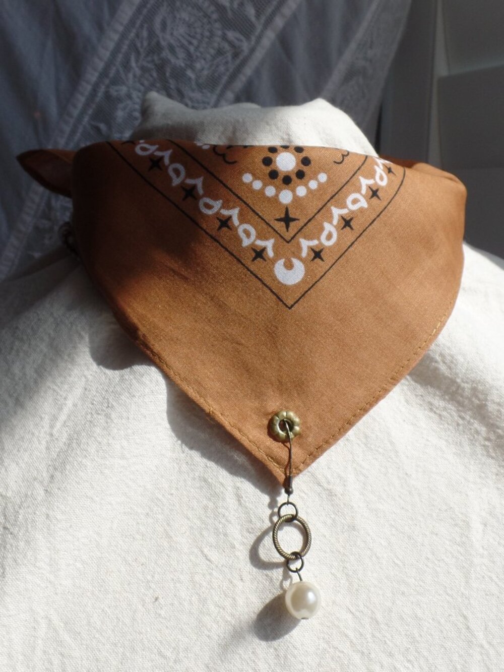 Hand Crafted Faux Pearl CHARM Paisley Bandana TRIANGLE Scarf TAN